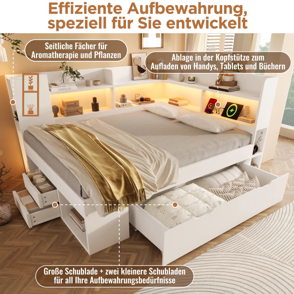 Letto da giorno 140 × 200 cm con LED USB e Type-C cassetti ripiani in legno bianco con rete a doghe