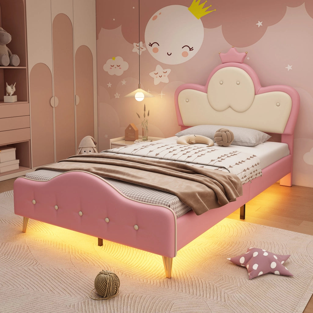 Letto singolo imbottito per bambini 90x200 cm in similpelle PU rosa e bianco; con corona e LED per cameretta