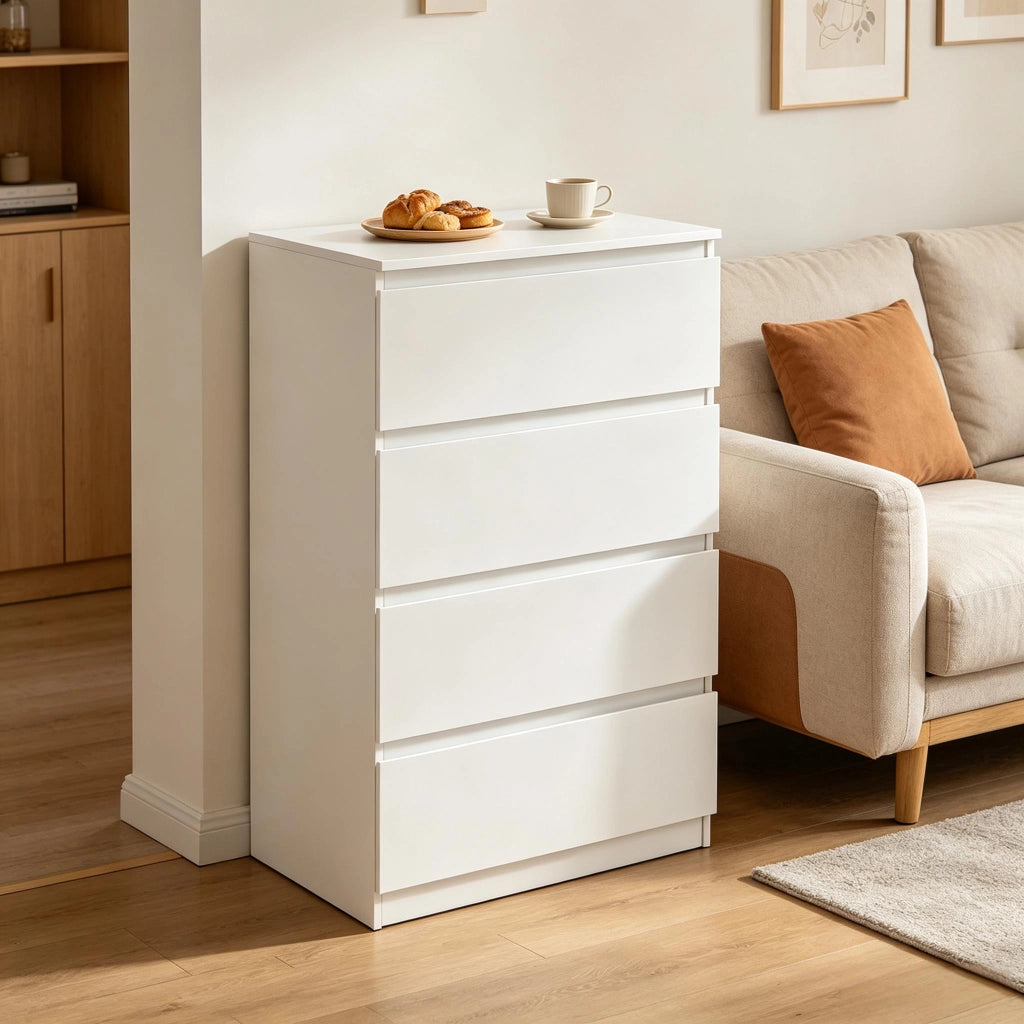 Cassettiera con 4 cassetti e maniglie nascoste, stile moderno, per camera da letto, in legno, bianca, 60 × 40 × 90 cm