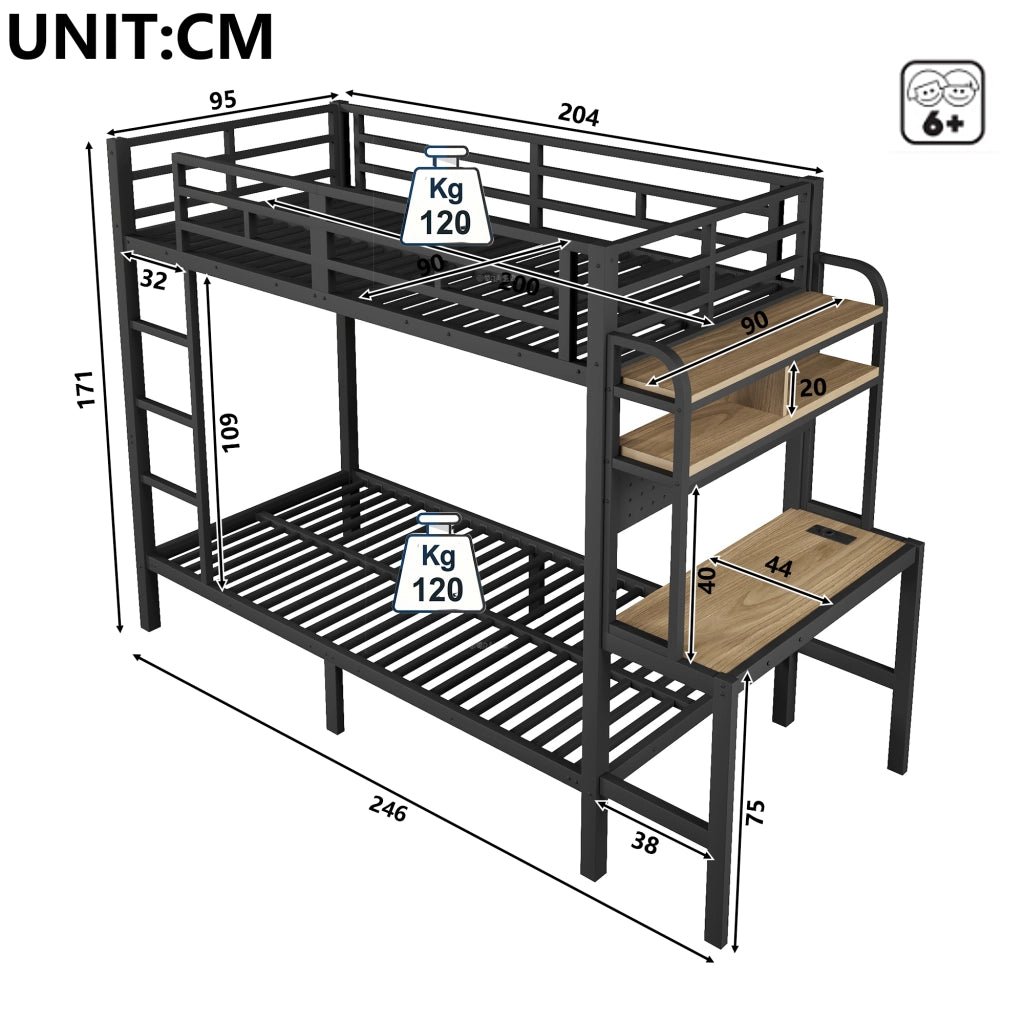 Letto a castello 90 × 200 cm 1 posto con scrivania; mensole; LED e USB; senza materasso; in metallo nero