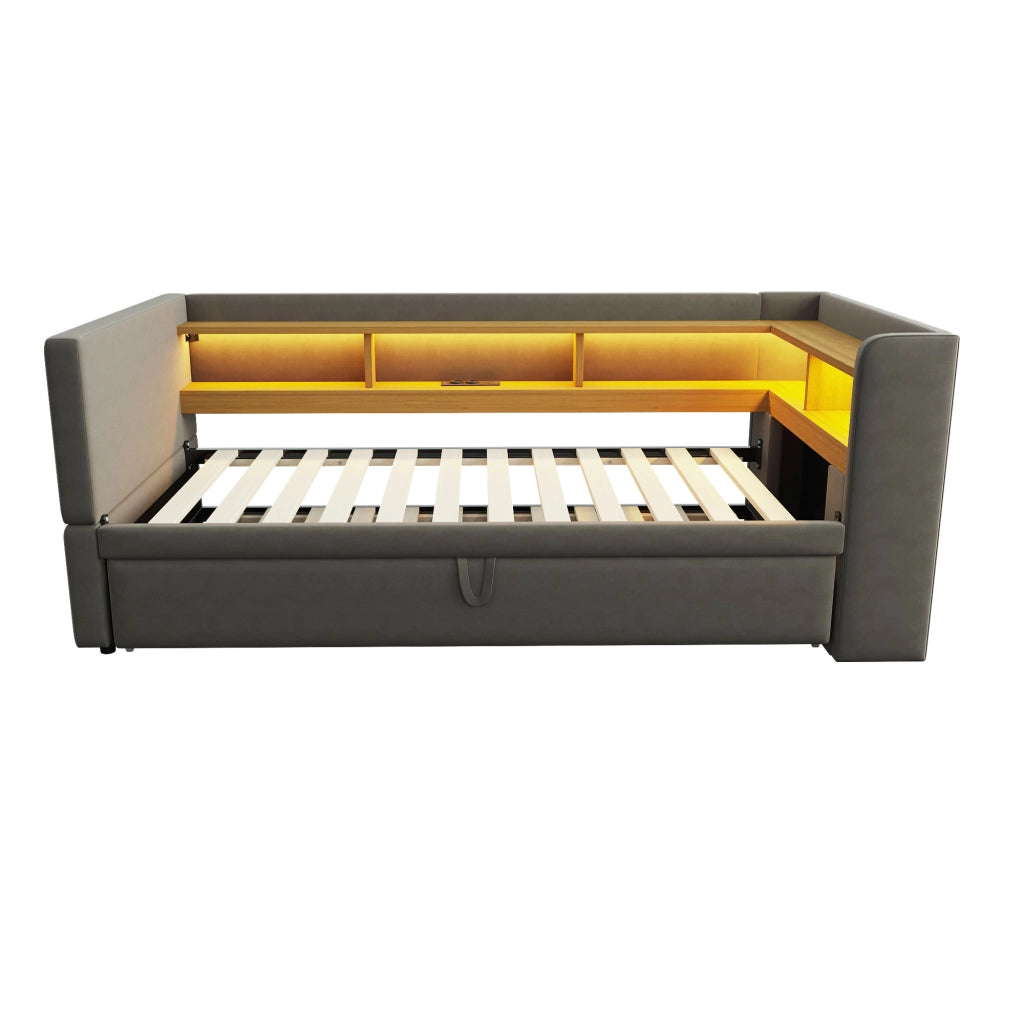 Letto Estraibile Letto Singolo 90/180 x 190 cm con LED; prese e vani contenitore