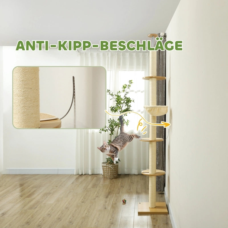 Tiragraffi da soffitto regolabile con pali in sisal base in legno ingegnerizzato rovere 40 × 40 × 230-250 cm