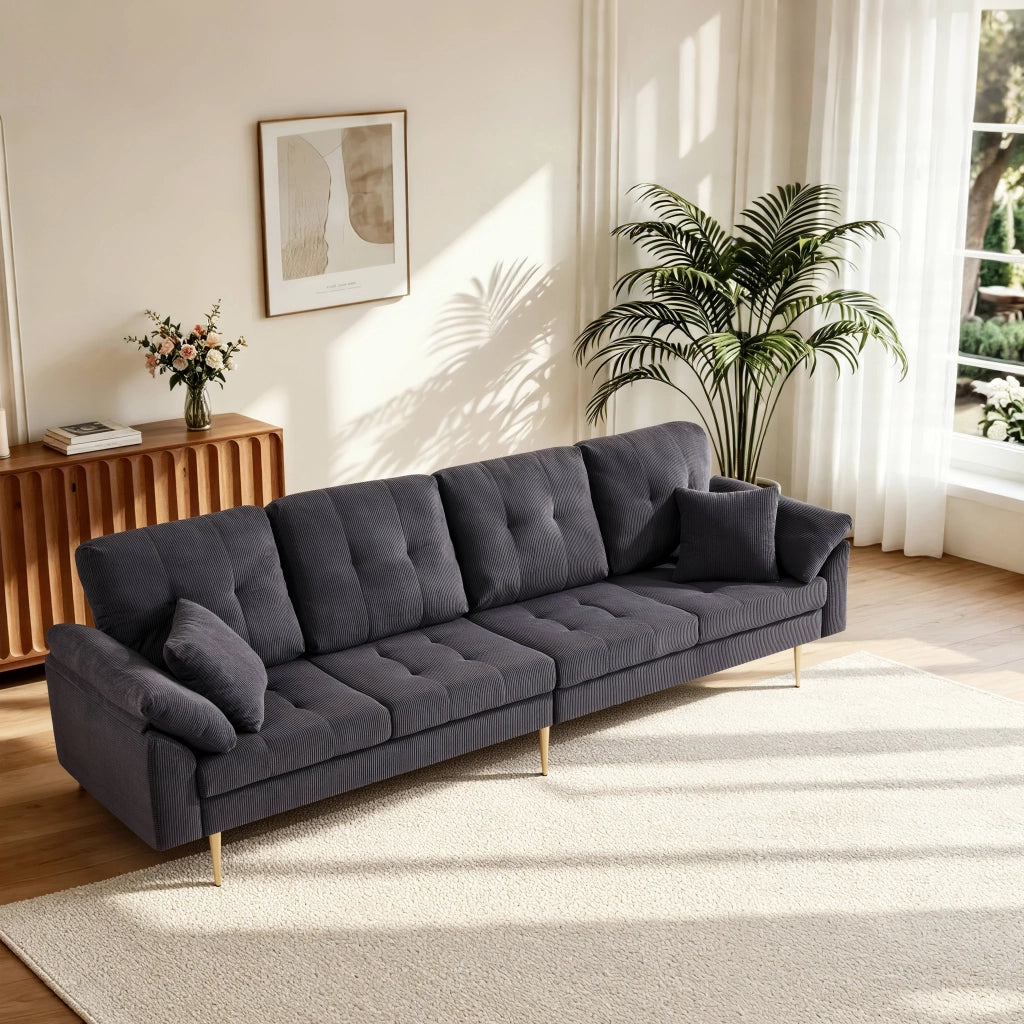 Divano quattro posti largo 250 cm con pouf separato; velluto a coste grigio scuro