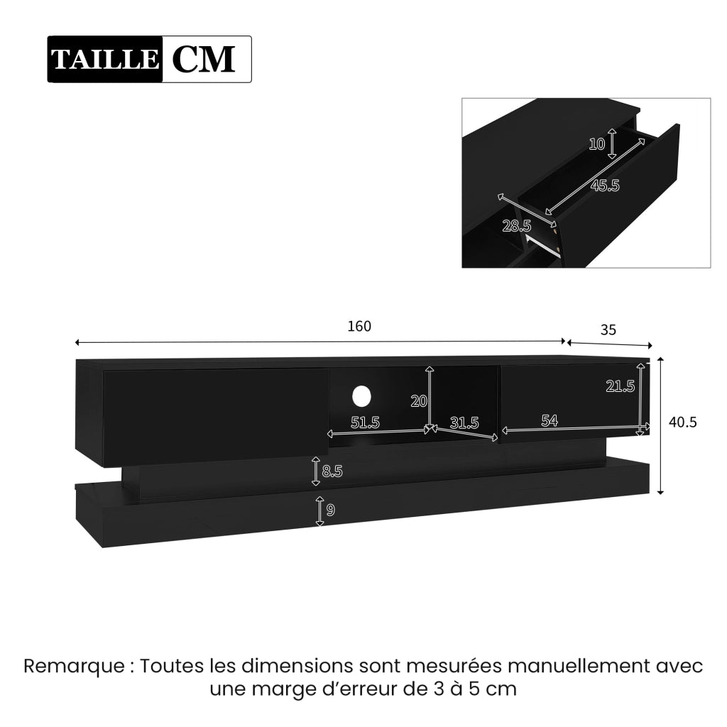 Mobile TV con LED multicolore via app; 2 cassetti; passacavi; nero lucido; 160 × 35 × 40.5 cm
