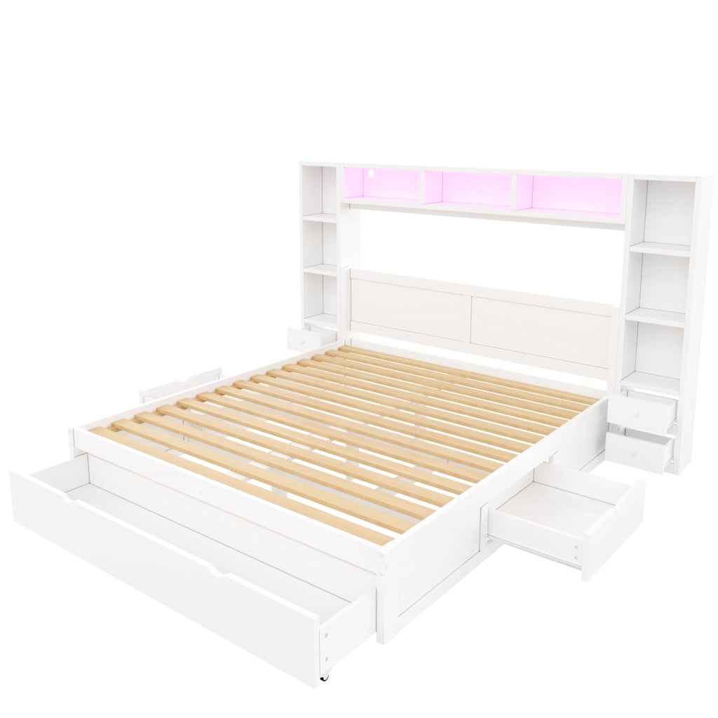 Letto Matrimoniale con 7 Cassetti e LED 140 x 200 cm - Bianco - Ideale per Camera da Letto - Senza Materasso