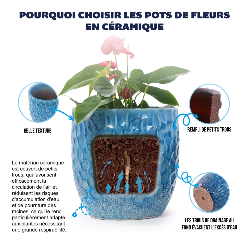 Vaso da fiori set di 4 blu smaltati con rilievo martellato e foro di drenaggio per interno balcone e giardino