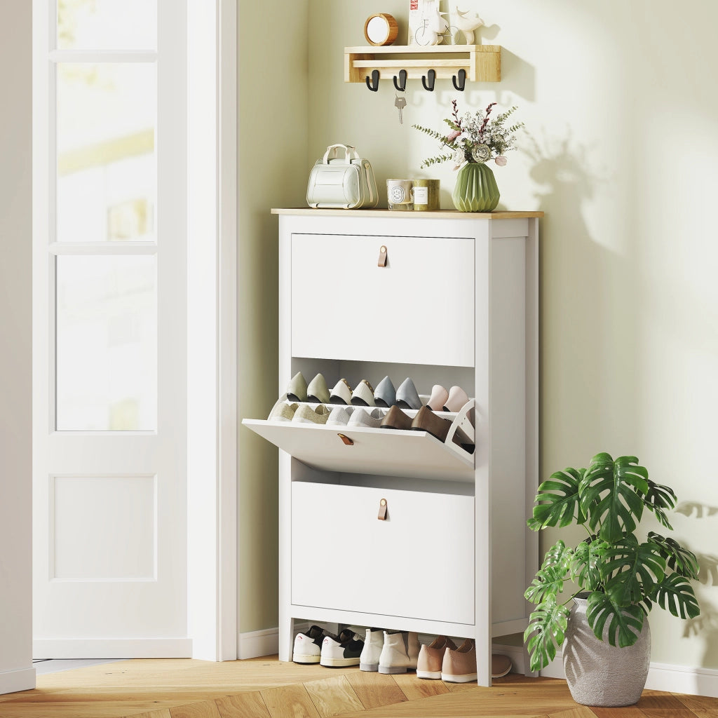Scarpiera Stretto con 3 Scomparti ¨C zephmum ¨C 80x24x131 cm Bianco e Legno