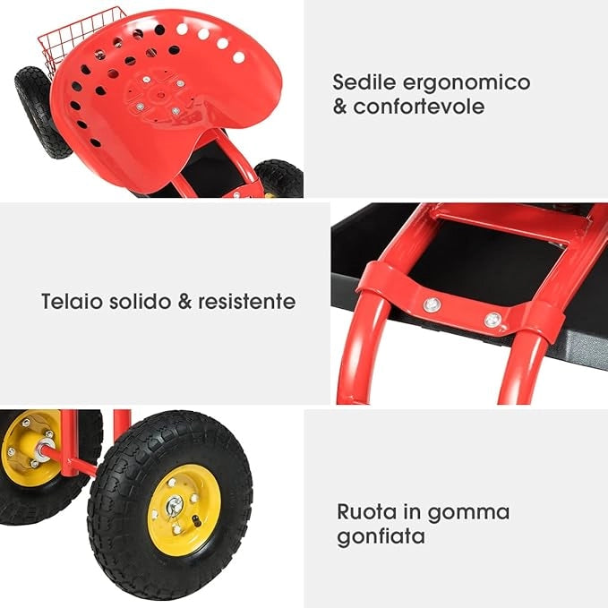Sgabello da Giardino, Sgabello per Giardinaggio con Ruote, Sedile Regolabile in Altezza e Girevole a 360°, Cestello e Vassoio, Carrello per Prato e Giardino, Portata 150 kg(Rosso)