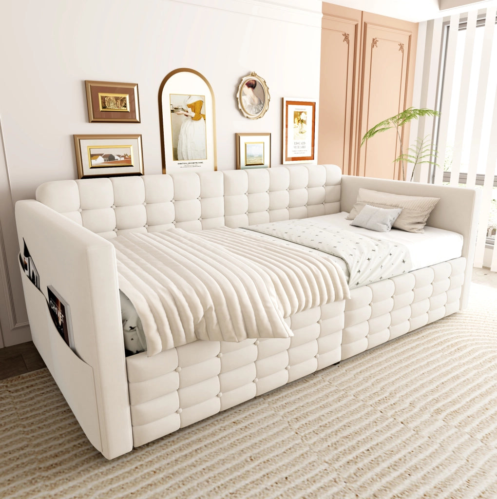 Letto imbottito 90x190 cm beige in velluto con cassetti e tasche laterali