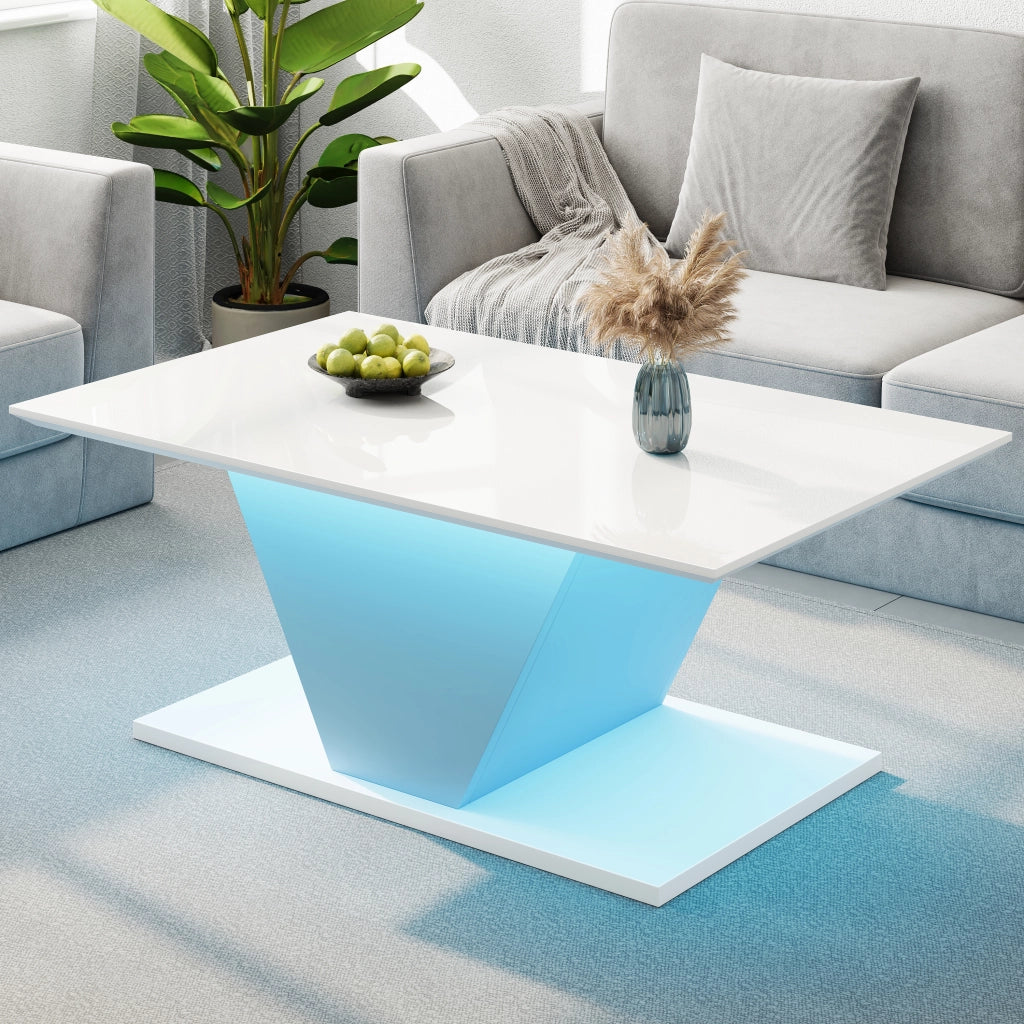 Tavolino da salotto a V con illuminazione LED regolabile e piano lucido, per soggiorno, bianco, 100 × 50 × 46 cm
