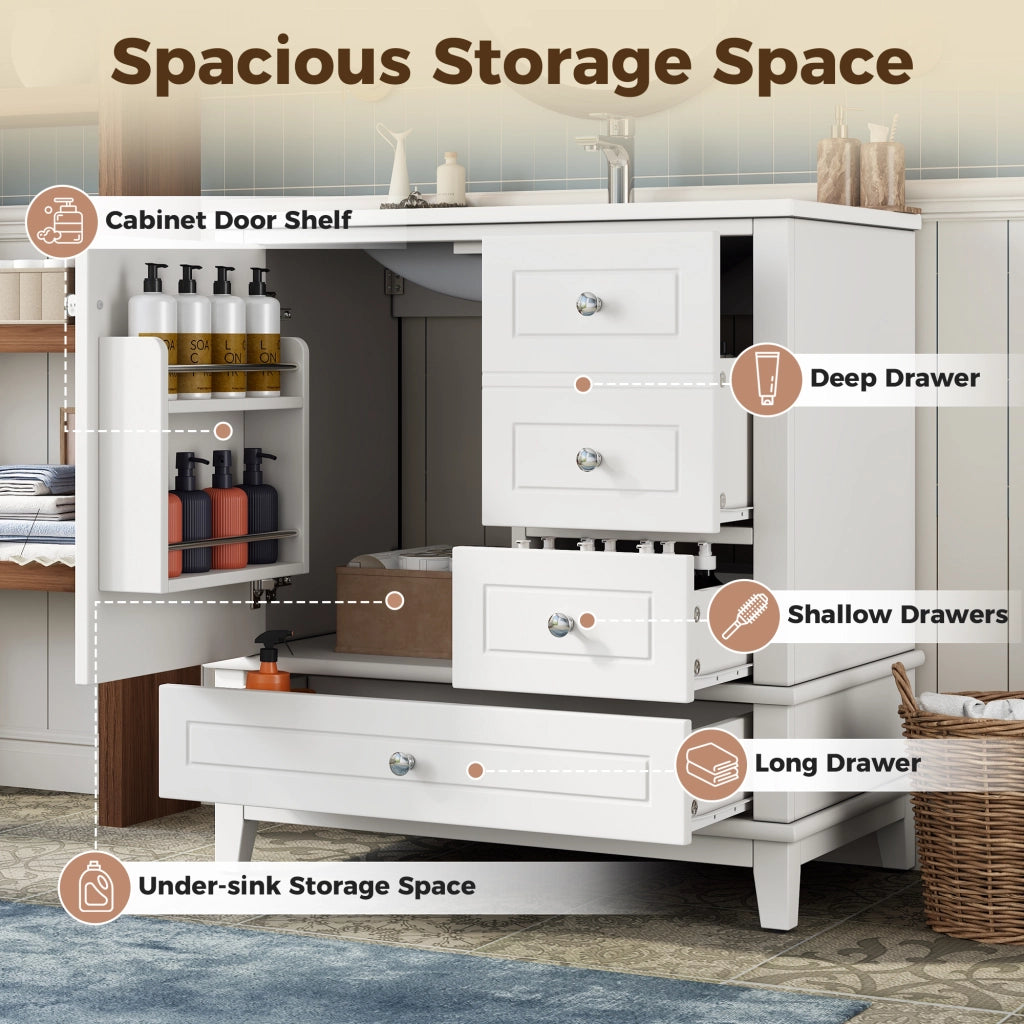 Mobiletto con lavabo in ceramica tre cassetti anta soft close MDF bianco lucido 81 × 47 × 86 cm