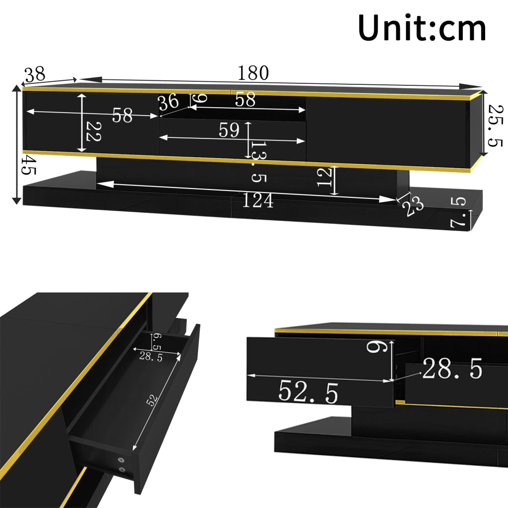 Cassettiera TV nera e oro in truciolare lunghezza 180 cm