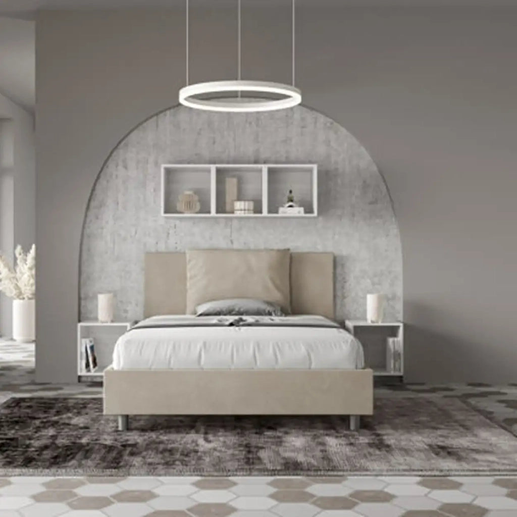 Letto matrimoniale francese senza rete imbottito 140x190 microfibra sabbia Antea