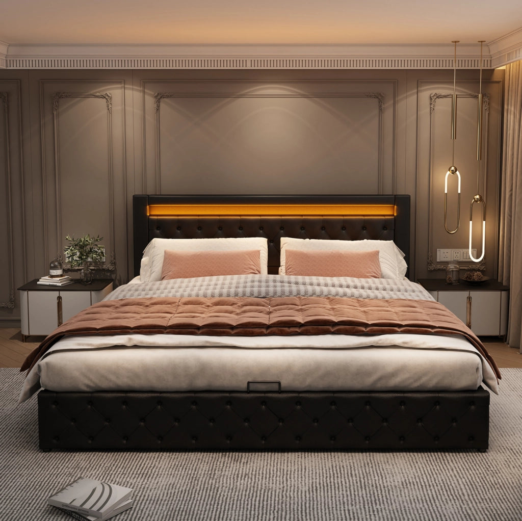 Letto matrimoniale 140x200 cm con contenitore e LED; rivestimento in PU nero