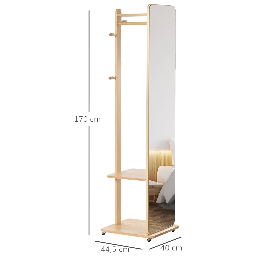 Specchio da Terra con Ruote Appendiabiti con 4 Ganci e Ripiano in MDF Effetto Legno Chiaro, Salvaspazio e Pratico per Camera da Letto