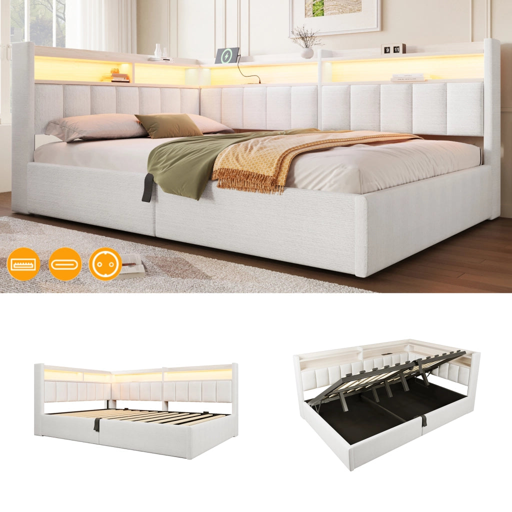 Letto contenitore 140 x 200 cm con contenitore idraulico, LED e USB-A/Type-C, letto imbottito in velluto bianco crema con vani laterali reversibili
