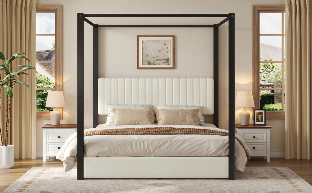 Letto imbottito con struttura a baldacchino 180x200 cm, testiera imbottita e telaio in metallo beige e nero