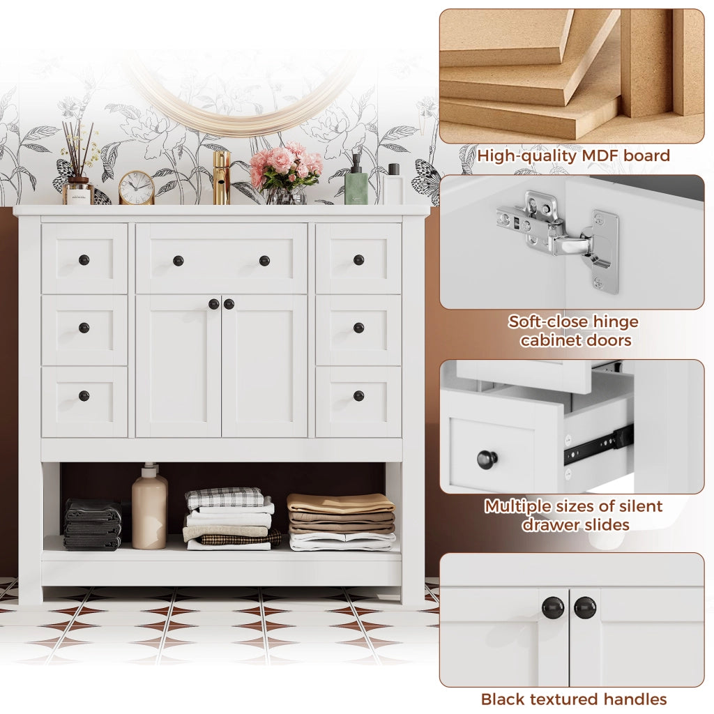 Mobile sottolavabo autoportante con lavabo in ceramica 6 cassetti anta doppia ripiano MDF bianco 91,5 × 46,5 × 90 cm