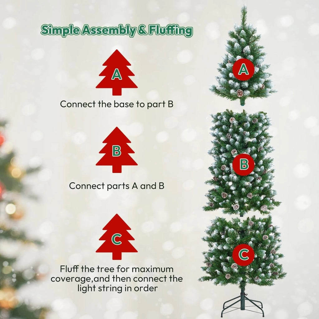 Albero di Natale Slim a Matita 230cm con 400 LED Bianco Caldo 1000 Punte Pigne e Base Metallo