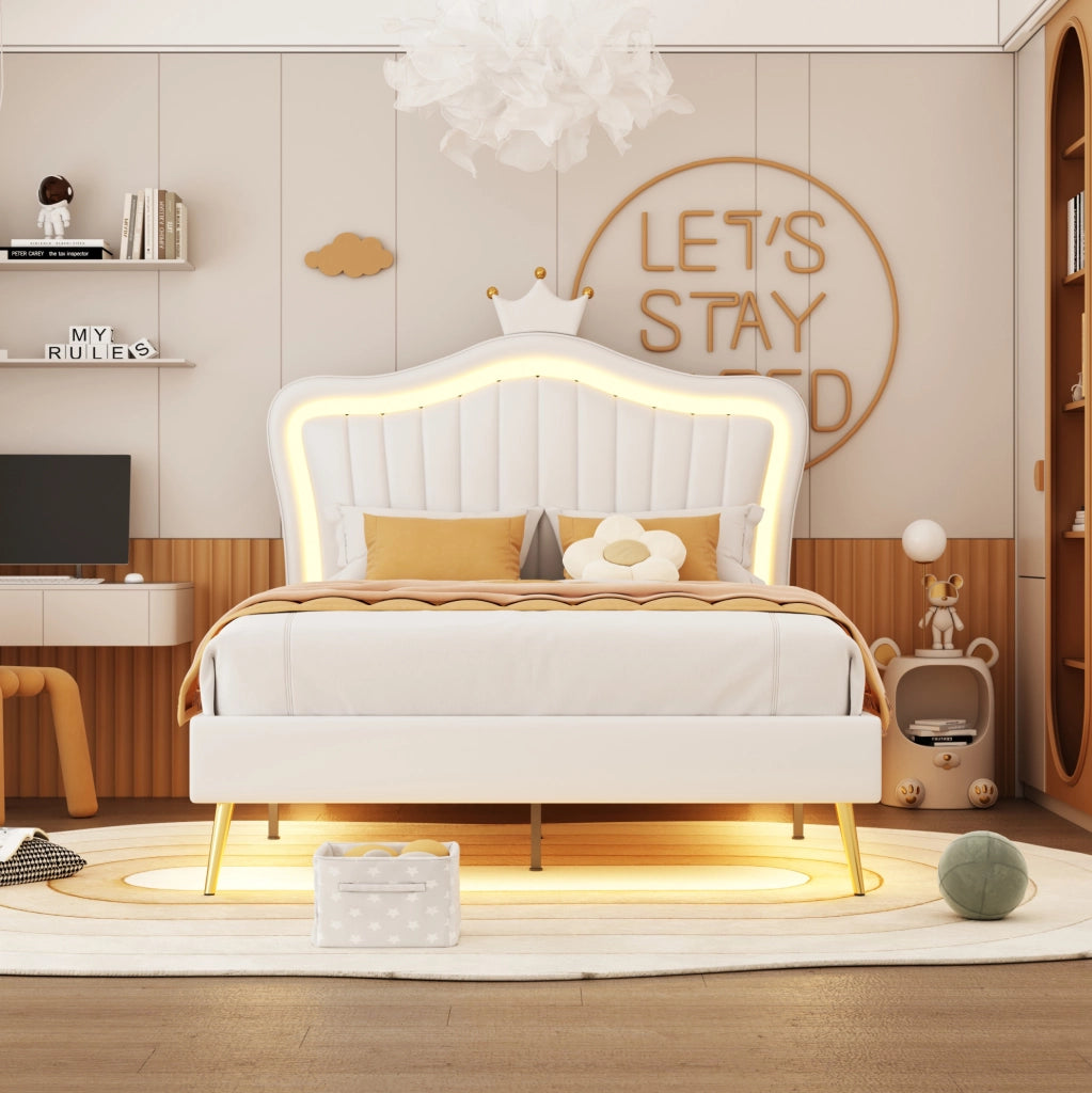 Letto per bambini imbottito 90x200 cm in PU bianco con LED, struttura robusta e schienale regolabile
