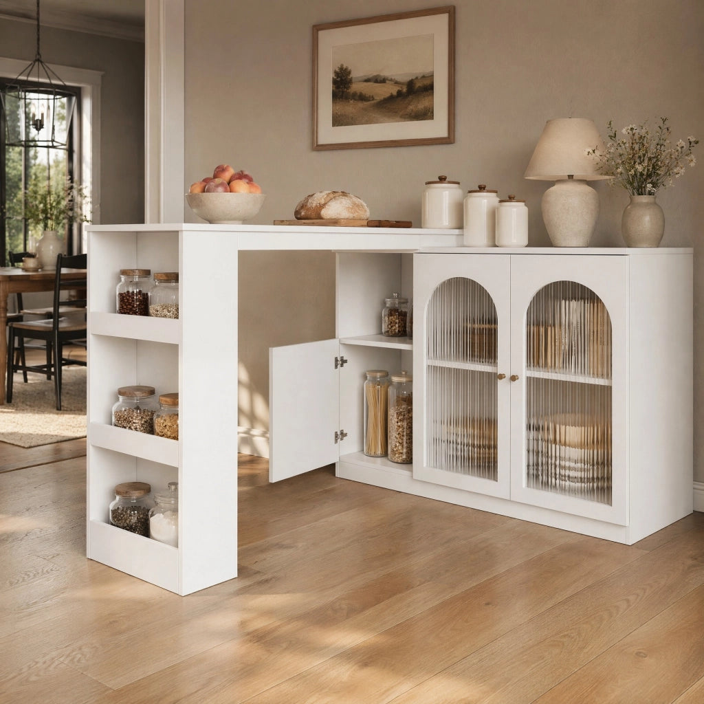 Mobile bar girevole a 360° con ante in vetro; ripiani aperti e vani chiusi; MDF bianco 120 × 40 × 97 cm