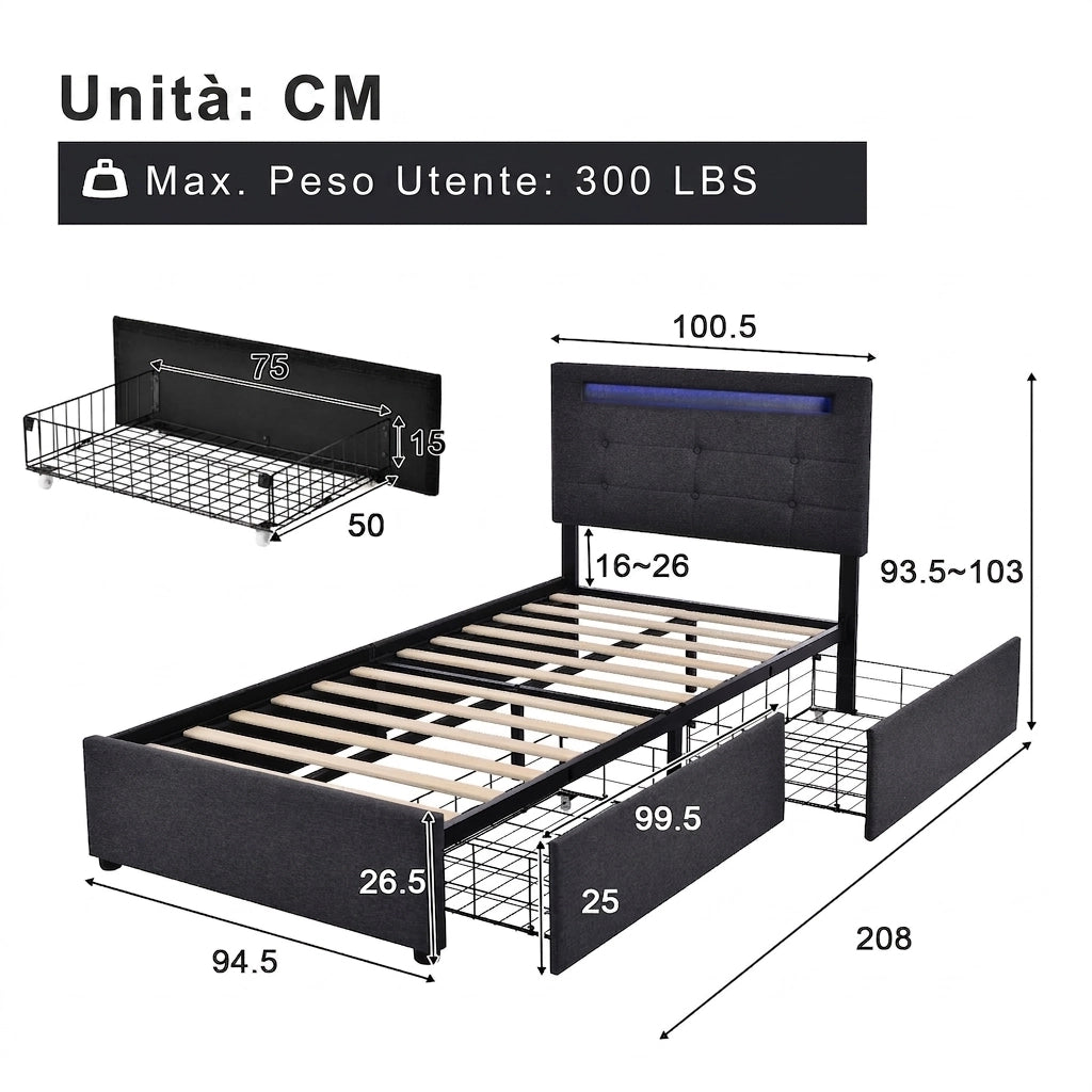 Struttura letto con luci LED e 2 cassetti; letto singolo imbottito 90x200 cm; testiera regolabile; in lino; grigio