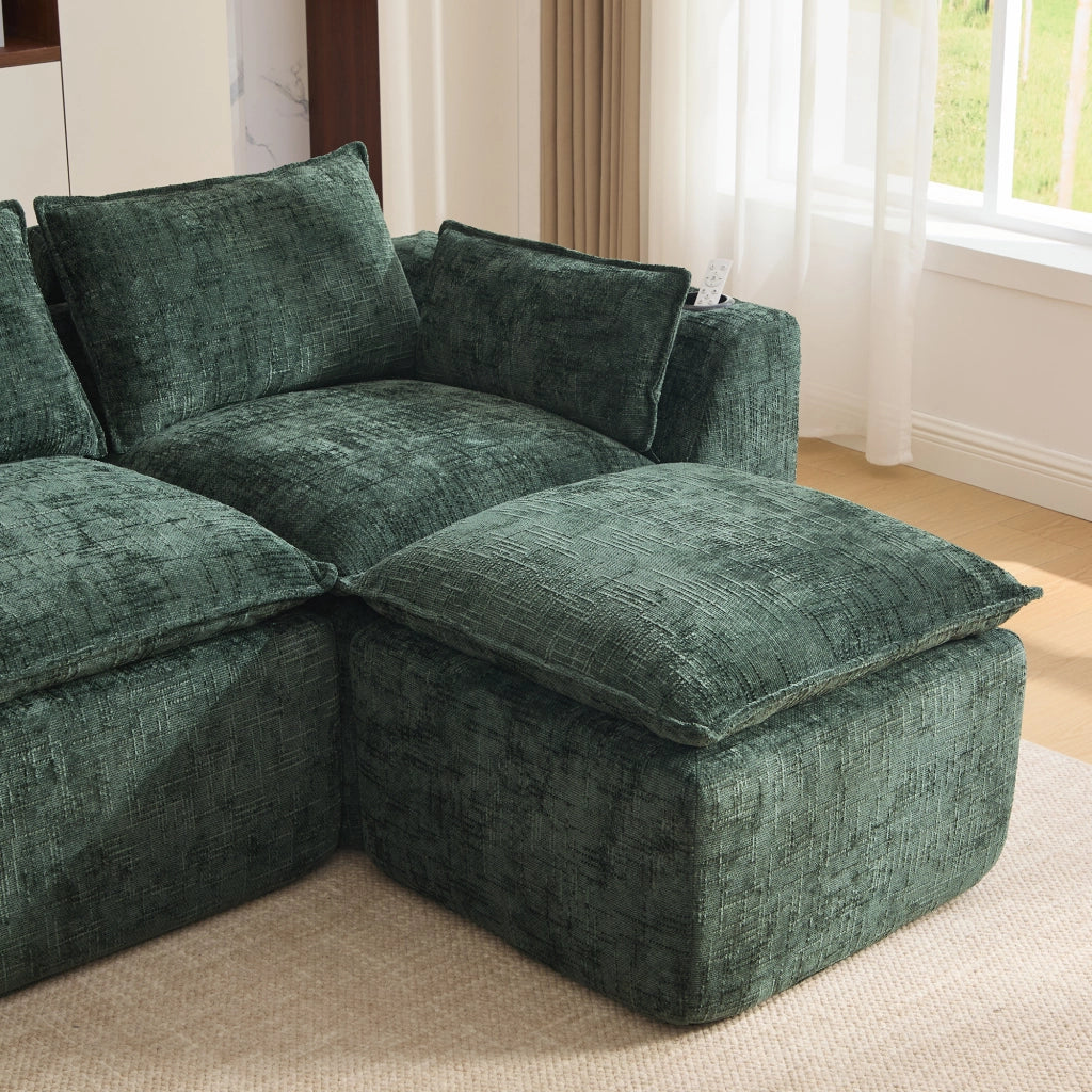 Divano modulare 322x161x75 cm combinabile con tasche laterali e cuscini in ciniglia verde