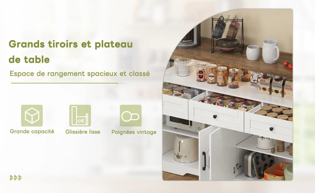 Buffet rustico 140 cm con 3 cassetti, ante con ripiani e vano aperto, mobile contenitore per cucina, soggiorno e ingresso bianco/marrone