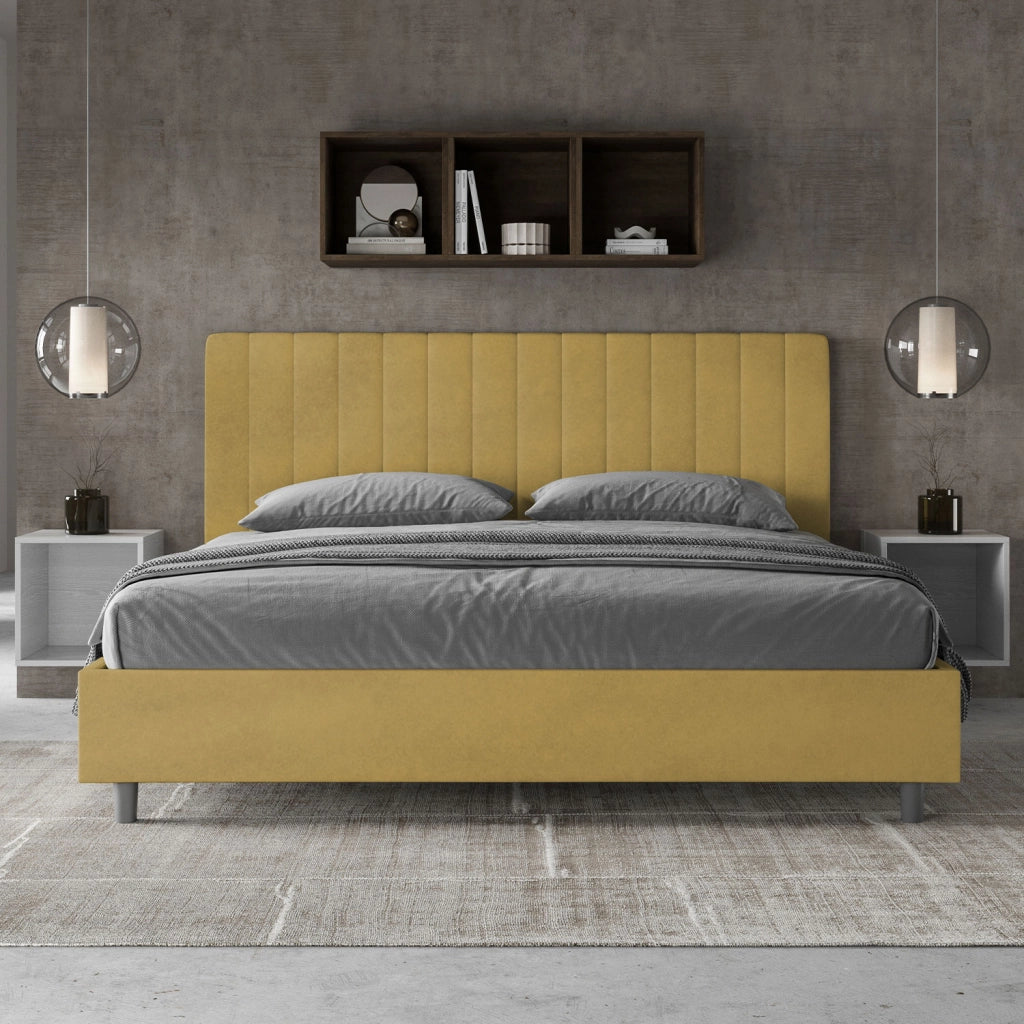 BS COM Letto matrimoniale king size contenitore imbottito 180x210 microfibra ocra