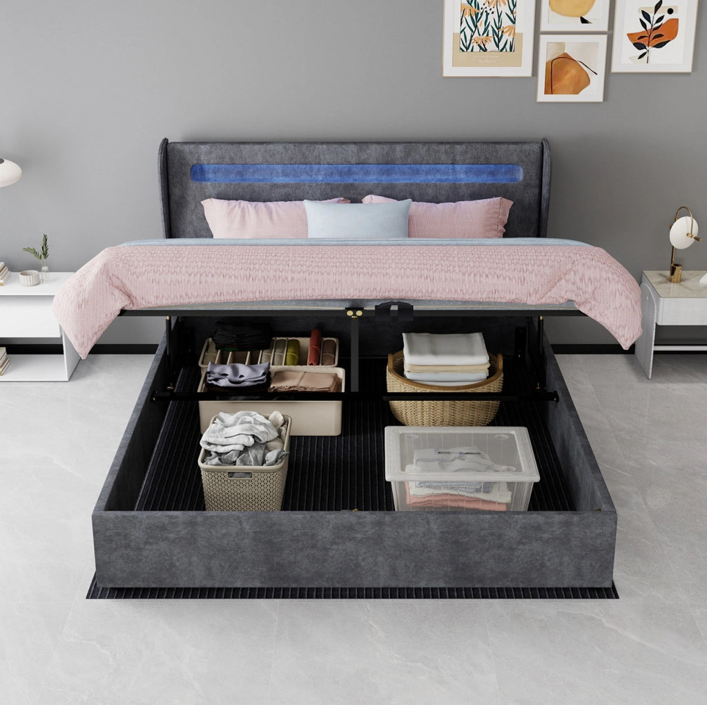 Letto matrimoniale 160x200 cm con testiera regolabile e LED; tessuto e metallo; grigio