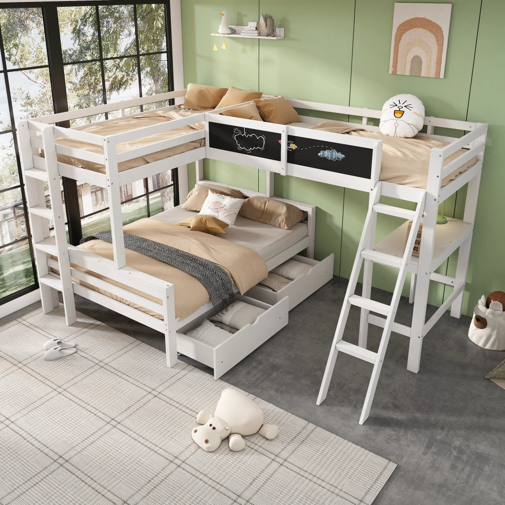 Letto a soppalco per bambini tre posti con scrivania cassetti in legno bianco e rovere con scala sicura