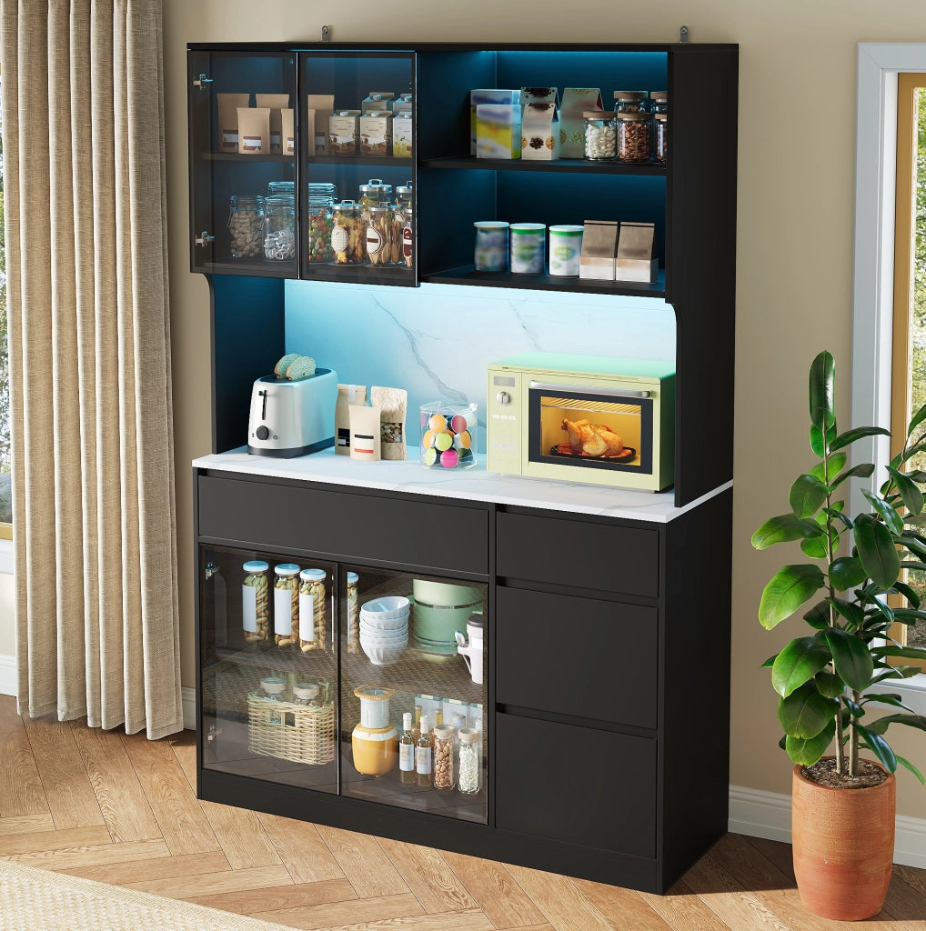 Mobile alto in MDF bianco e nero con LED e finitura marmo