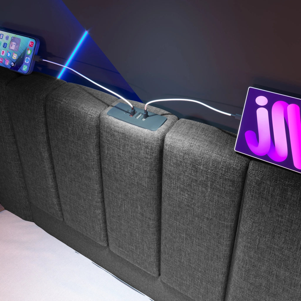 Letto contenitore 160x200 cm con LED 360°; USB e USB-C; lino grigio