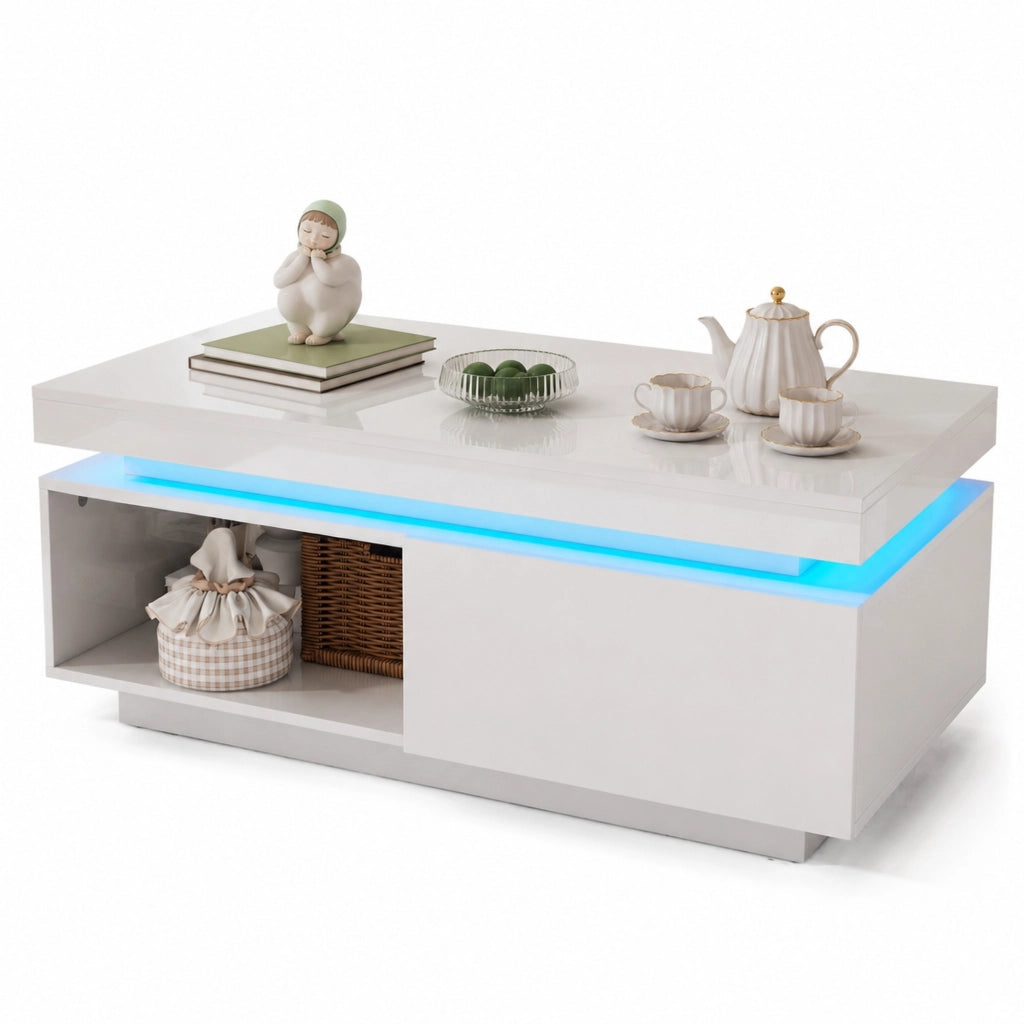 Set soggiorno con mobile TV 181 cm e tavolino da salotto LED bianco lucido HOMVRA