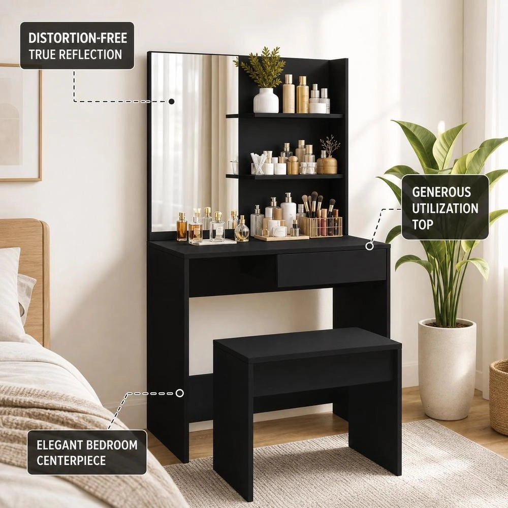 Dressing Table With Mirror, Black, 74.5x40x141 Cm
