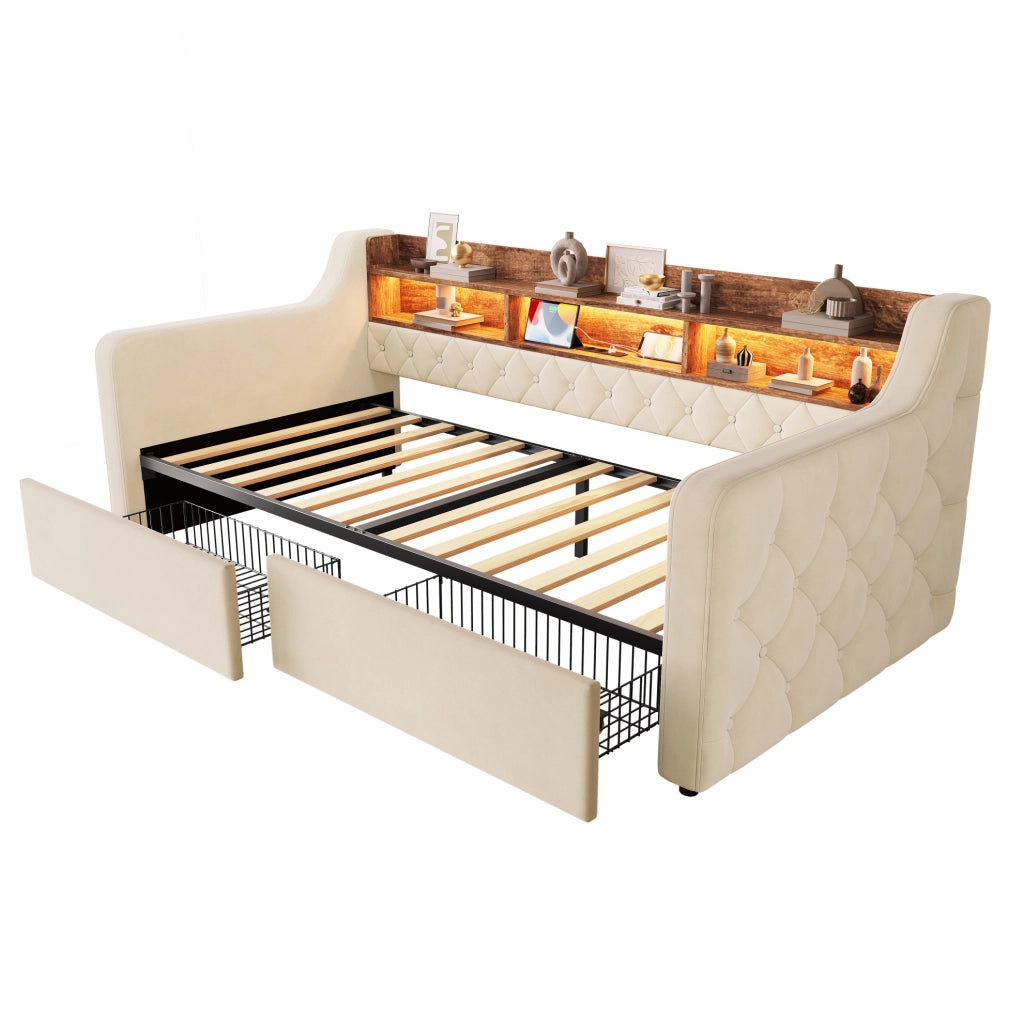 Letto imbottito beige 90 x 190 cm con LED, ripiani e 2 cassetti