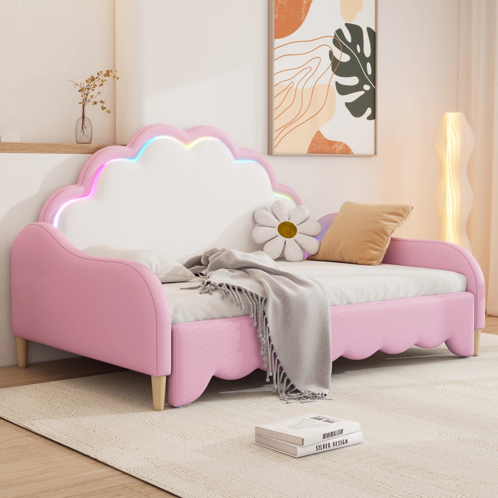 Letto matrimoniale trasformabile 140 × 200 cm in PU rosa con testiera LED e rete a doghe