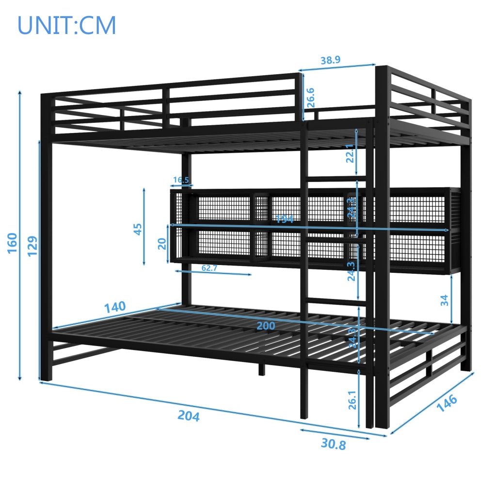 Letto a castello 140x200 cm in metallo nero con 6 armadietti e LED HOMVRA