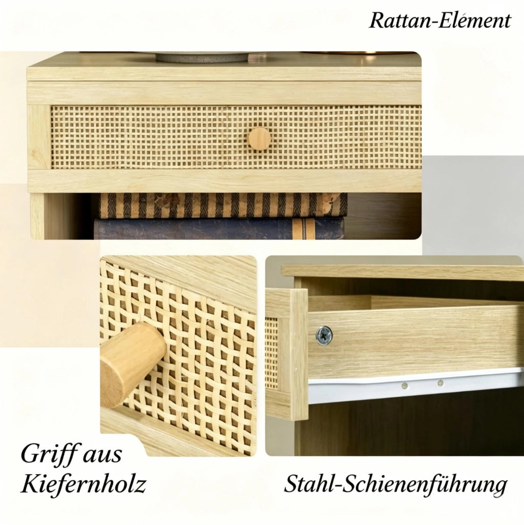 Set di 2 Comodini da Parete in Truciolato Naturale con Cassetto Estraibile e Ripiano Aperto, 40x34x23 cm