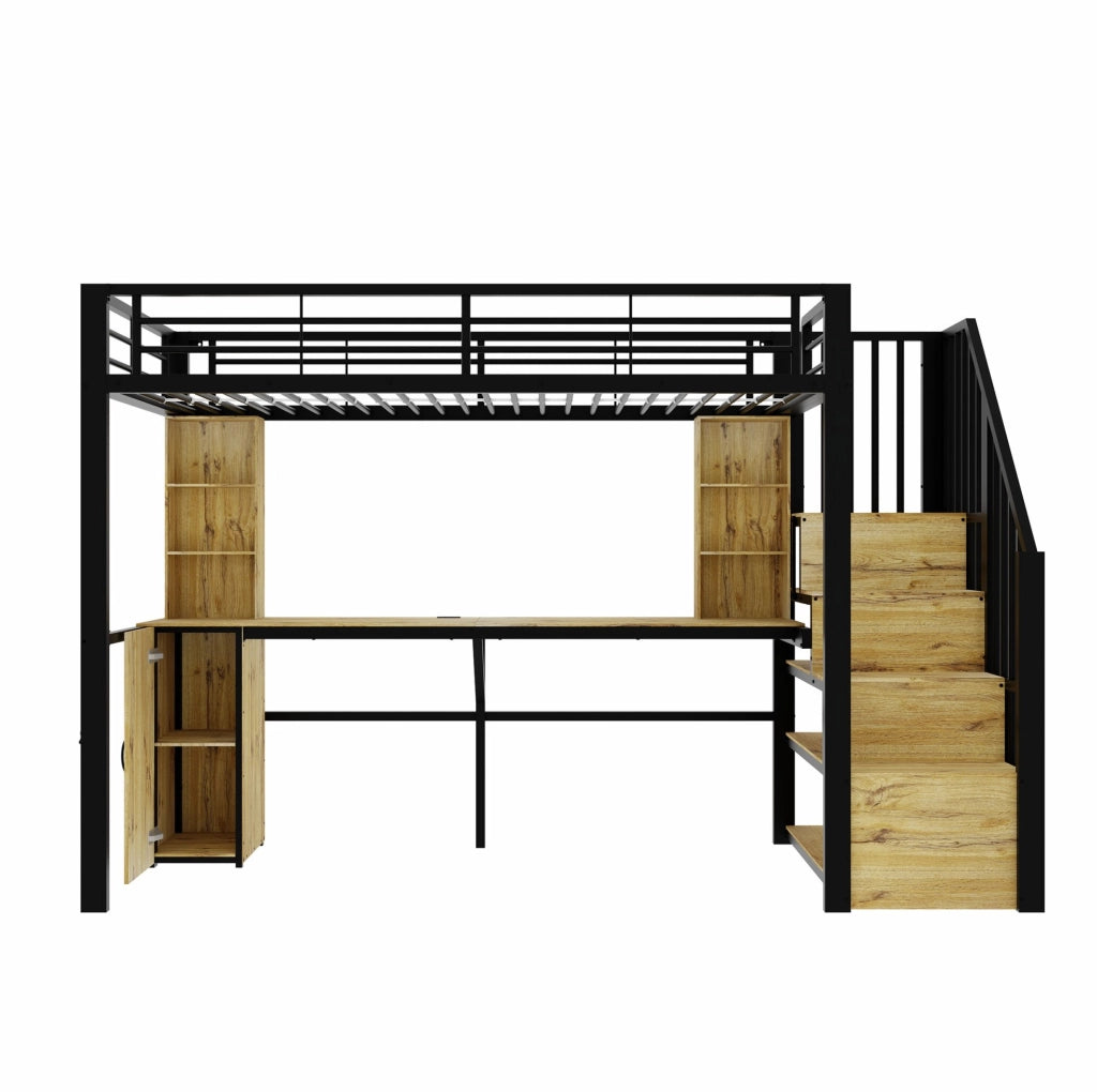 Letto a soppalco 90x200 cm con scrivania USB e contenitore in ferro nero