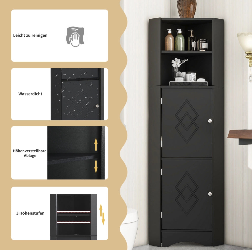 Armadio Angolare per Bagno con Due Ripiani e Mensola Regolabile, 36,5x36,5x155 cm, Nero