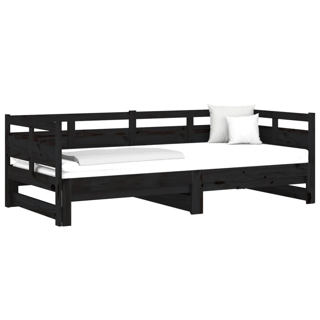 Letto singolo | Letto per adulti | Dormeuse Estraibile Nera in Legno Massello di Pino 2x(90x190)cm