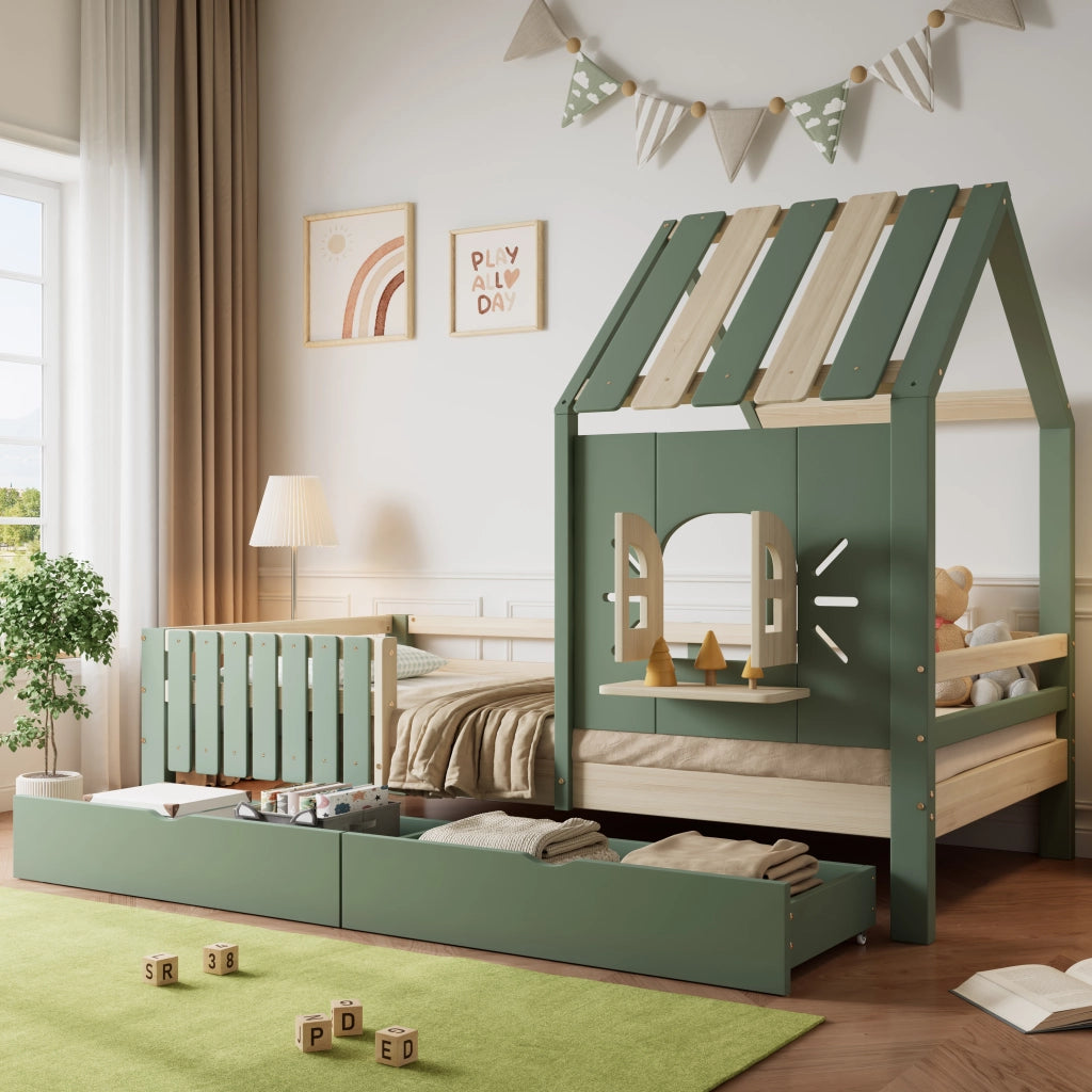Letto a casetta per bambini 90x200 cm in pino e MDF; verde e naturale; con 2 cassetti; tetto e finestra per cameretta