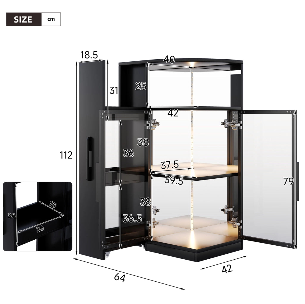 Vetrina 64x42x112 cm con mobile laterale estraibile e LED multicolore nera
