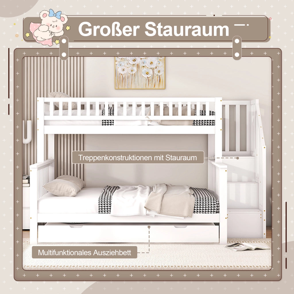 Letto a castello 90 × 200 cm e 140 × 200 cm con letto estraibile, mensole e scala, senza materasso, in pino bianco