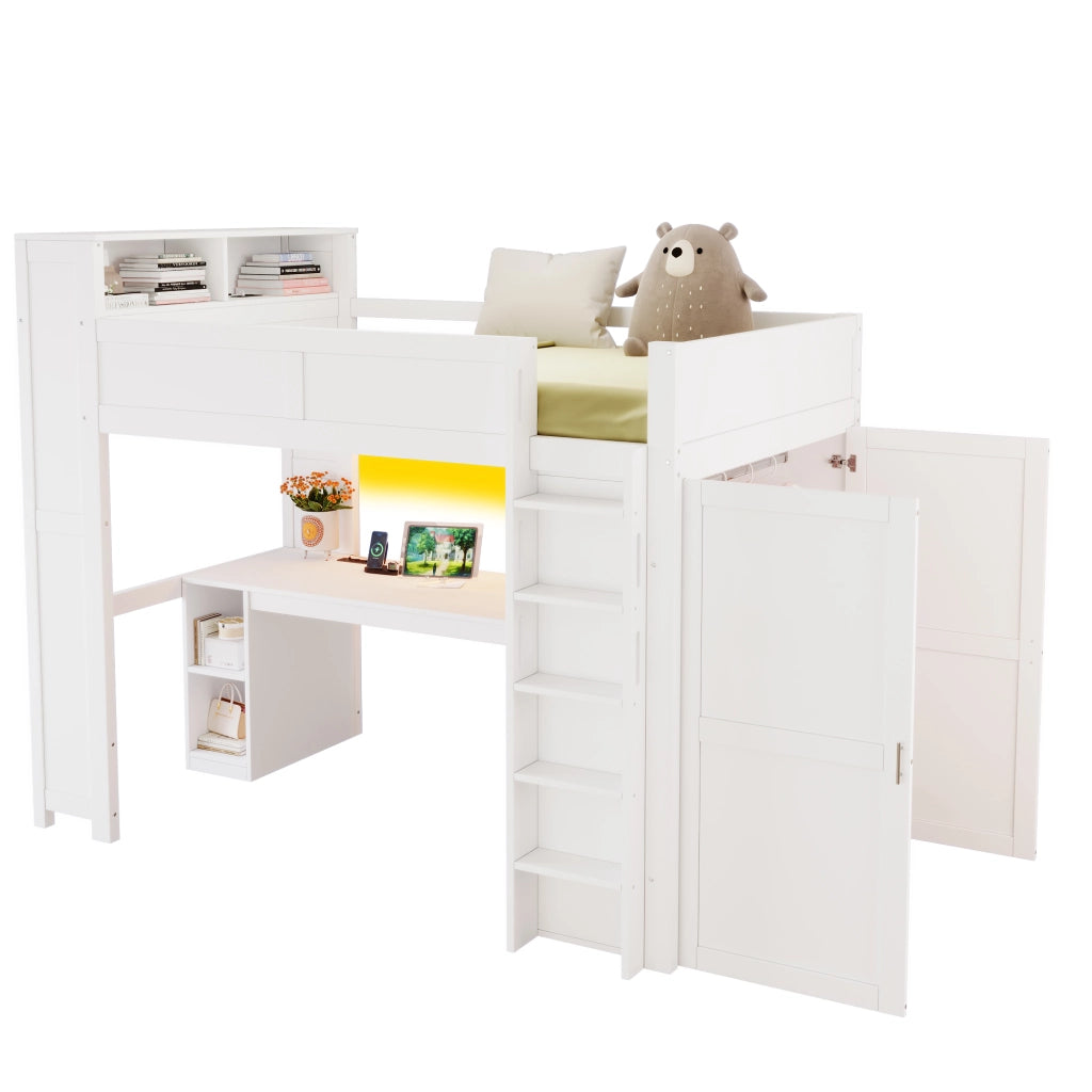 Letto a soppalco 90x200 con scrivania; armadio e illuminazione LED; bianco