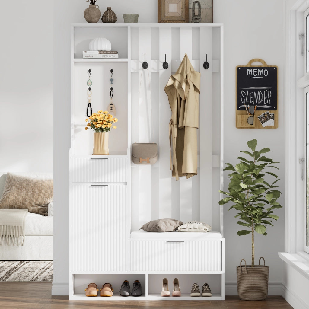 Set di mobili da ingresso con 8 ganci; panca con cuscino PU; 2 cassetti e vani aperti bianco 100 × 30 × 180 cm