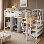 Letto a soppalco 140x200 cm con scrivania, armadio e scaffali in metallo e MDF bianco