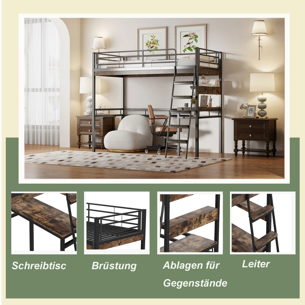 Letto a soppalco 90 × 200 cm con scrivania e scaffali in metallo e MDF nero con scala e sponde