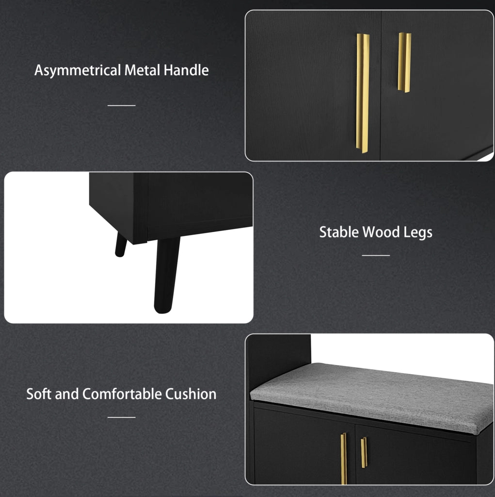 Panca Porta Scarpe Moderna con Tre Ante e Ripiani Regolabili, Struttura in Legno e Metallo Nera, B100xT34xH69 cm